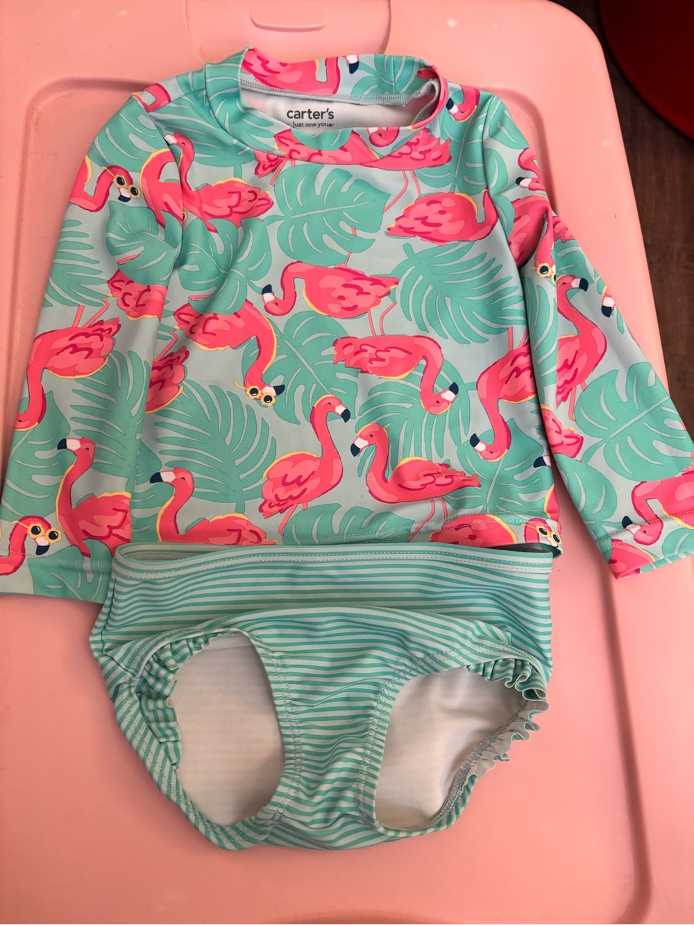 Carter's Girls Mint and Pink Flamingo Rashguard Swim Set